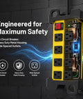 Heavy Duty Shop Workhorse Power Strip With Eight Widely Spaced Outlets And 2700J Surge Protection Six Foot Extension Cord, close-up view.