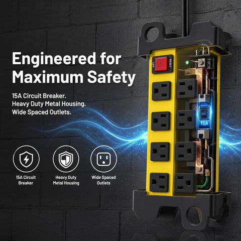 Heavy Duty Shop Workhorse Power Strip With Eight Widely Spaced Outlets And 2700J Surge Protection Six Foot Extension Cord, close-up view.