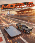 Mini 1/43 Scale Drift RC Car With Gyro And 2.4GHz Proportional Remote next to a phone on a simulated race track