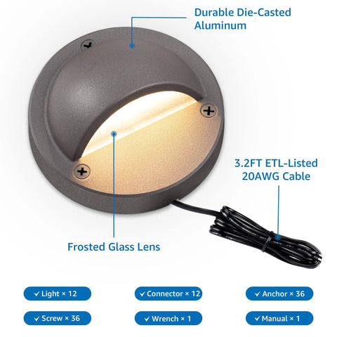 12 Pack Low Voltage Deck Lights 5W LED Landscape Step Lights With Fastlock2 Connectors 3000K Outdoor Accent Lighting For Deck Fence Post Backyard Garden Patio Walkway Hardscape ETL Listed 3.2ft Cord, featuring durable aluminum build and frosted lens