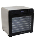 Top Shelf Eight Tray Stainless Steel Food Dehydrator Running Smooth With Digital Timer And Adjustable Temp Control view with metal trays.