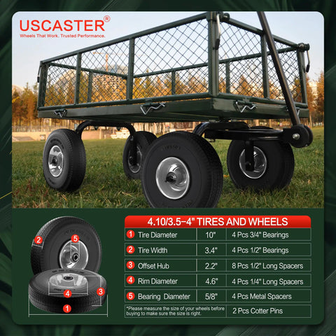 Flat Free Ten Inch Tire And Wheel Replacement For Hand Trucks And Wheelbarrows 4.10 3.50 4 Solid Wheel in a wagon view