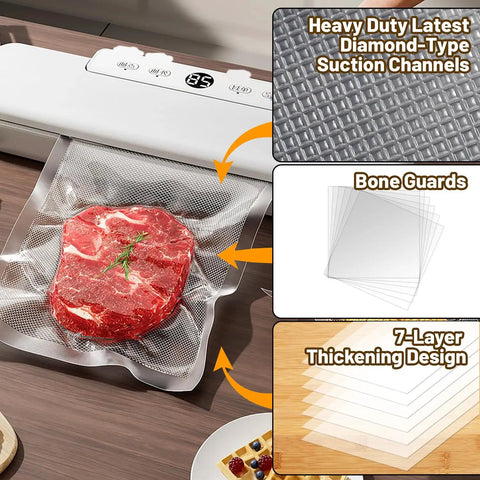 Heavy Duty Vacuum Sealer Bags 8x12 Inch 200 Quart BPA Free Food Saver Storage with 7 layer bone guard and diamond grid design
