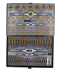 Ultimate 86 Piece Tap Die Set With Hardened Carbide Tools For Automotive Repair And Rethreading Fasteners In Metric And SAE Sizes Plus Storage Box For Pros Who Need Heavy Duty Gear, open case with taps and dies