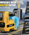 Hella Fast Cordless Tire Inflator With Auto Shut Off And Precision Digital Pressure Gauge Hits 160 PSI, showing DEWALT battery compatibility.
