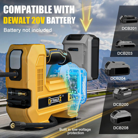 Hella Fast Cordless Tire Inflator With Auto Shut Off And Precision Digital Pressure Gauge Hits 160 PSI, showing DEWALT battery compatibility.