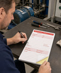 Two Part Carbonless Maintenance Request Forms Book Set, 50 Packs of 100 Sheets Per Book, Easy Tear Perforated Copies for Quick Service Requests, Durable Paperwork for Maintenance Teams and Field Technicians, maintenance worker writing on form