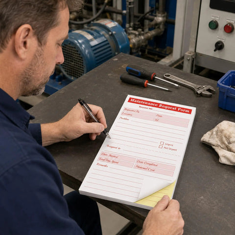 Two Part Carbonless Maintenance Request Forms Book Set, 50 Packs of 100 Sheets Per Book, Easy Tear Perforated Copies for Quick Service Requests, Durable Paperwork for Maintenance Teams and Field Technicians, maintenance worker writing on form