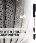 35 Piece Tire Plug Kit with Screwdriver for Fast Flat Tire Repair showing tire puncture repair with nail and screwdriver