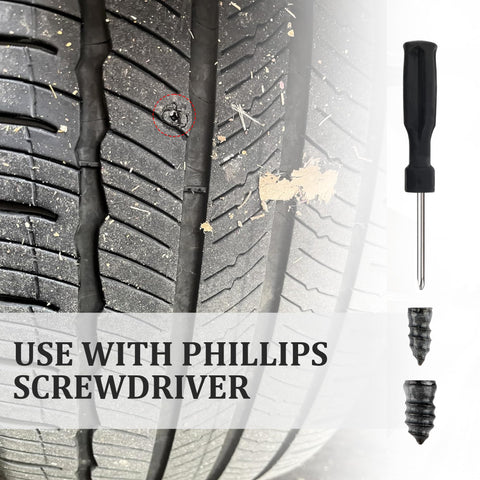 35 Piece Tire Plug Kit with Screwdriver for Fast Flat Tire Repair showing tire puncture repair with nail and screwdriver