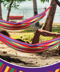 Two Piece Cotton Canvas Hammock Set For Outdoors Easy Setup With Carry Bag, large double hammock in use between trees by lake, red stripes