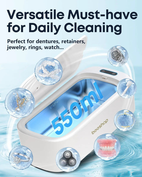 48KHz Ultrasonic Jewelry Cleaner With Dual Modes And Degas Function, 19oz 304 stainless steel tank shown with open lid