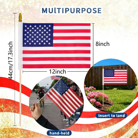 Pack Of 12 Small 8x12 Inch American Flags On Sticks With Kid Safe Spear Tops For Memorial Day Fourth Of July And 250th Anniversary
