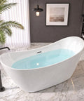 59 Inch Acrylic Freestanding Bathtub Glossy White Deep Ergonomic Soaking Tub with water in a stylish bathroom setting.