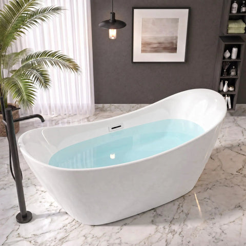 59 Inch Acrylic Freestanding Bathtub Glossy White Deep Ergonomic Soaking Tub with water in a stylish bathroom setting.