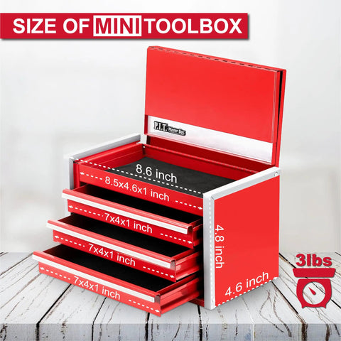 Open Portable Three Drawer Steel Tool Box Set In Red With Magnetic Tab Locking showing drawer sizes and weight.