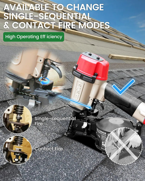 Lightweight Pneumatic Roofing Nailer Designed For Tight Roofs And Daily Grind drives fifteen degree coil nails demonstrating modes on asphalt shingles.