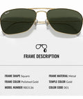 Square Shape Non-Polarized Sunglasses for Men and Women With G-15 Green Lens, polished gold frame, metal material