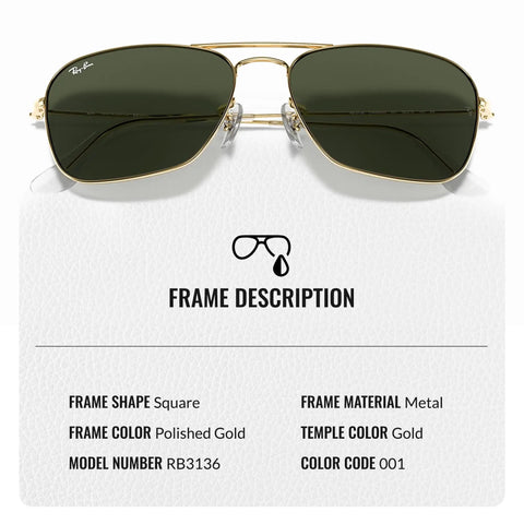 Square Shape Non-Polarized Sunglasses for Men and Women With G-15 Green Lens, polished gold frame, metal material