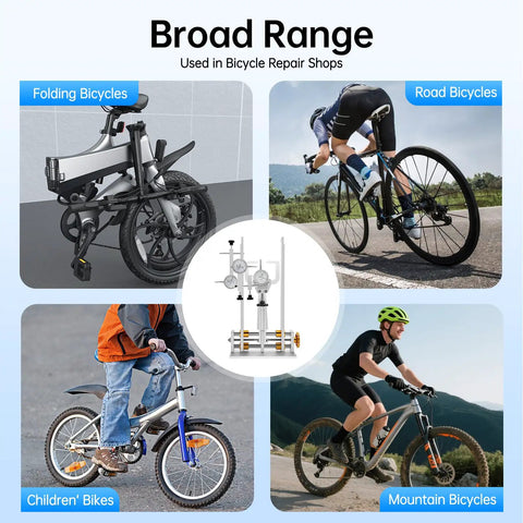 Pro Wheel Truing Stand For Bikes, Foldable Bike Workstand With 3 Gauges in use with various bicycle types
