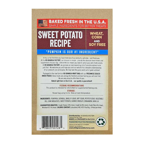 Back packaging of Pumpkin And Sweet Potato Crunchers For Dogs With Carrot And Parsley, Wheat Corn And Soy Free, Made In USA.