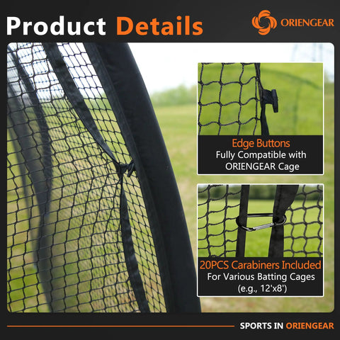 Batting Cage Door Net 9x13 Ft With Sock Style Baseball Net And 20 D Shape Carabiners close-up of net edge and carabiner attachment