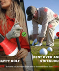 Golf Ball Retriever With Rubber Suction Cup Tool being used by golfer, comparison to bending over, highlights easy ball retrieval.