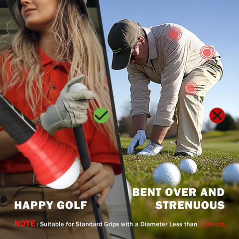 Golf Ball Retriever With Rubber Suction Cup Tool being used by golfer, comparison to bending over, highlights easy ball retrieval.