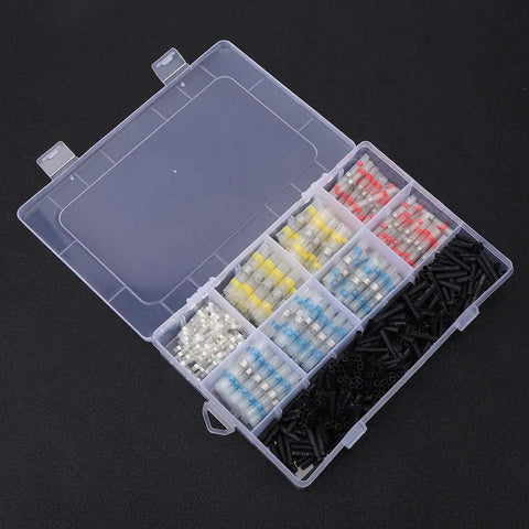 Rock Solid 600 Piece Heat Shrink Butt Connectors Kit Double Wall Gel Sealed Waterproof Wire Terminals in transparent organizer.