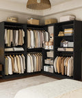 Kick Your Storage Game Up A Notch With This Heavy Duty Wood Corner Closet System Featuring Six Hanging Rods And Two Modular Towers To Build A Spacious L Shaped Freestanding Wardrobe In Sleek Black Finish.
