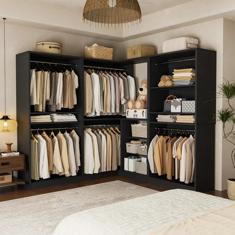 Kick Your Storage Game Up A Notch With This Heavy Duty Wood Corner Closet System Featuring Six Hanging Rods And Two Modular Towers To Build A Spacious L Shaped Freestanding Wardrobe In Sleek Black Finish.