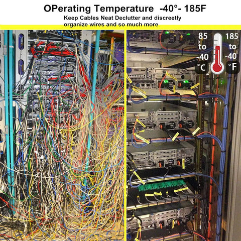 Comparison of messy and organized server cables using 60 Piece Multi Purpose Ultra Heavy Duty UV Cable Ties 11.8 Inch Length 0.51 Inch Width 250 Lbs Tensile Strength Non Metal Black Indoor Outdoor Use Ideal For Home And Shop Projects. Temperature gauge from -40°F to 185°F.