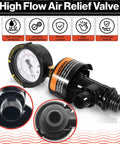 Front view of high-flow air relief valve for Pentair pool filters, black plastic body with gauge and brass inlet
