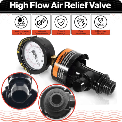Front view of high-flow air relief valve for Pentair pool filters, black plastic body with gauge and brass inlet