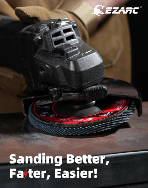 EZARC 4.5-inch flap disc mounted on angle grinder (40-grit, 7/8-inch arbor)