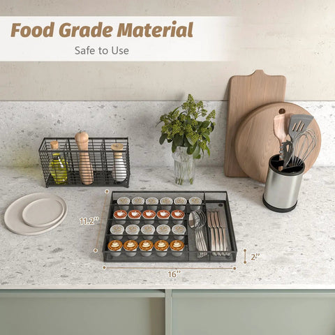 Durable Metal Mesh Silverware Organizer for Kitchen Drawers, Large 6 Compartment Flatware Tray on countertop with utensils