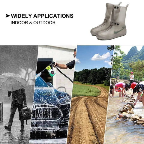 Waterproof Rain Boot Covers For Men And Women displayed with outdoor activity scenes, showing versatility for varied weather conditions.