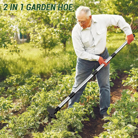 Man using Long Handle 2 In 1 Weed Puller Tool With Garden Hoe And Weed Rake for home gardens in lush green yard