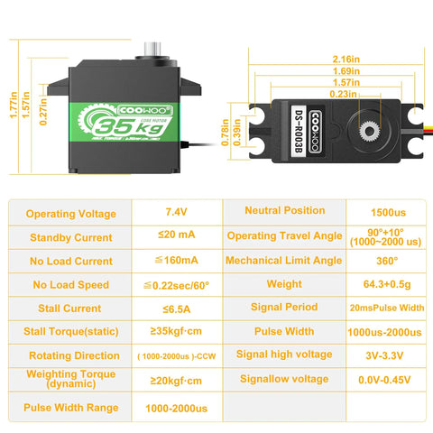 Diagram of High Torque Coreless Servo With Metal Gear And Stainless Steel Gears 35Kg Torque, specifications and dimensions shown