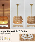 17.3 Inch Rattan Pendant Light, Boho Wicker Chandelier for Dining, shown on and off with E26 bulb compatibility.