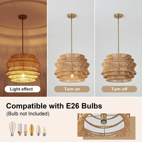 17.3 Inch Rattan Pendant Light, Boho Wicker Chandelier for Dining, shown on and off with E26 bulb compatibility.