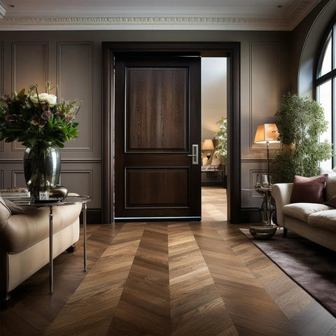 Luxurious living room with dark wooden door, elegant furniture, and soft lighting