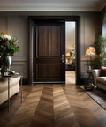 Elegant living room with a dark wooden door and wooden chevron floor, decorated with plants and cozy furniture.