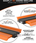 Diagram of Extra Wide Contour Gauge Set With Triple Locking System For Accurate Copying, showcasing built-in flip and screw locks.