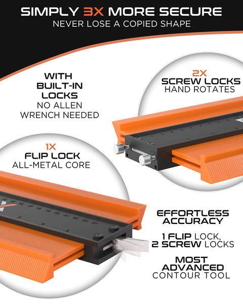 Diagram of Extra Wide Contour Gauge Set With Triple Locking System For Accurate Copying, showcasing built-in flip and screw locks.
