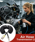 Badass HP Air Hose Adapter Quick Connect Cable 6mm Line Push Twist Fit No Tools Needed So You Build Stuff Faster Keep Air Compressor Link Tight Stress Free For All Your Daily Jobs Ready To Go Right Now For Sure., coiled black 6mm air hose used for spray gun cleaning in a workshop