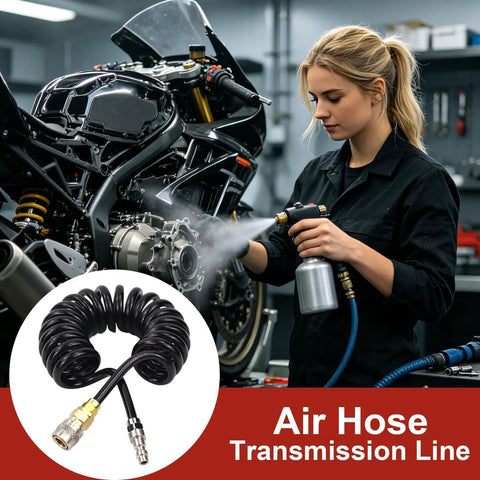 Badass HP Air Hose Adapter Quick Connect Cable 6mm Line Push Twist Fit No Tools Needed So You Build Stuff Faster Keep Air Compressor Link Tight Stress Free For All Your Daily Jobs Ready To Go Right Now For Sure., coiled black 6mm air hose used for spray gun cleaning in a workshop