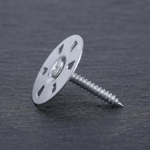 Heavy Duty Metal Washers For Foam Board Insulation Kit With Screws 1.4 Inch Diameter Silver That Help Prevent Cracking And Wall Stress In Partition Installations With Load Spreading Foam Panel Washers For A Tight Secure Fix Built To Last., silver washer and screw on dark background