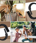 Protective Horse Blocker Tie Kit, 4 Pcs Multi Purpose Horse Clip Set shown with horses and people interacting.