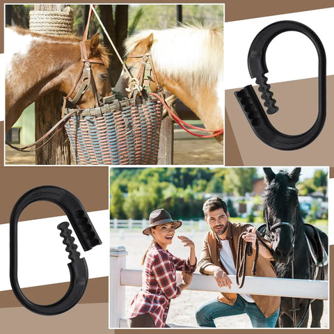 Protective Horse Blocker Tie Kit, 4 Pcs Multi Purpose Horse Clip Set shown with horses and people interacting.